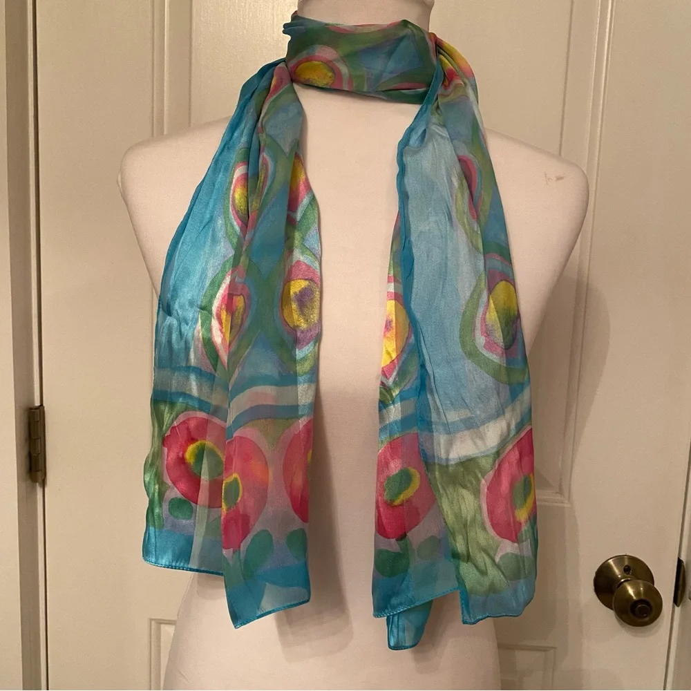 D’ESTE SCARF SILK ITALY BLUE PINK YELLOW GREEN FLORAL LONG RECTANGLE